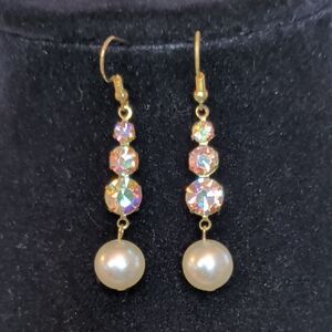 Vintage Aurora Borealis And Glass Pearl Drop Earrings Pierced